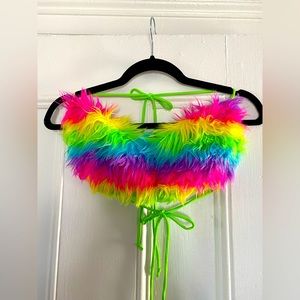 Rainbow Neon Faux Fur Halter Top